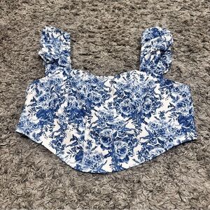 FREE WHEN BUNDLED SHEIN Blue China Puffed Sleeve Cropped Top with Faux Corset